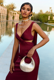 Deep V Neck Streamer Backless Gowns Maxi Tank Dresses-Burgundy