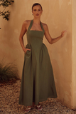 Solid Color Halter Cinch Waist Backless Maxi Dresses-Green