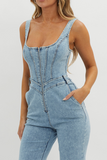 Square Neck Corset Front Zip Flared Leg Denim Strappy Jumpsuit-Blue