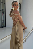 Rope Halter Cold Shoulder Backless Loose Fit Pleated Vacation Maxi Dresses-Khaki