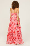 Ruffle Layered Cinch Waist Print Party Maxi Tube Dresses-Pink