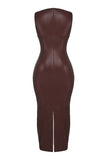 Faux Leather Bodycon Maxi Tank Dresses-Brown