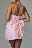 Jacquard Boat Neck A-Line Puffy Hem Back Bow Cocktail Party Mini Dresses-Pink