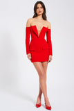 Deep V Collar Off Shoulder Long Sleeve Mini Blazer Dresses-Red