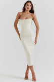 Beads Pearls Fringed Trim Strapless Corset Bodycon Midi Dresses-White