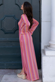 Crochet Abstract Striped Pattern Deep V Neck Flare Sleeve Slit Maxi Dresses-Green