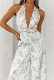 Floral Print Deep V Neck Halter Wide Leg Backless Jumpsuit-White