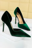 Velvet Pointy Toe Asymmetrical Side Cutout Stiletto Heels-Green