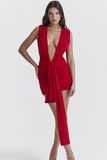 Deep V Neck Slim Fit Ruched Streamer Sleeveless Mini Dresses-Red