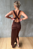 Sleeveless Cowl Neckline Ruched Backless Maxi Dresses-Brown Pre Order