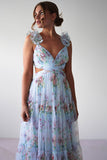 Frill Straps Cutout Tie Up Floral Print Tulle Maxi Dresses-Blue Pre Order