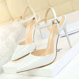 Burnished Plain Pointy Toe Ankle Strap Buckle Stiletto Heels