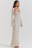 Square Neck Long Flare Sleeve Jacquard Fishtail Garden Party Maxi Dresses-White