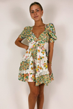 Floral Print V Neck Juliet Sleeve Lace Ruffled Trim A-Line Mini Dresses-Green