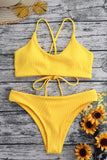 Ribbed Cross Tied Strap Bikini Two Piece Set