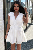 Plunging Neck Sleeveless Pleated Waist Mini Dress