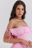 Skew Neck Ruffled Slim Fit Mini Dresses-Pink