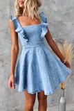 Ruffled Straps A-Line Denim Mini Dresses-Blue