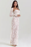 Floral Lace Crop Cardigan Slim Fit Slip Maxi Dresses Matching Set-Beige