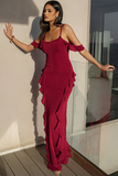 Dropped Shoulder Slim Fit Ruffled Slip Maxi Dresses-Red