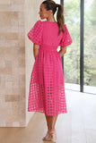 V Neck Lantern Short Sleeve Button Slit Mesh Plaid Vacation Midi Dress