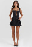 Lace-Up Corset Sleeveless Pleated Jacquard Mini Dress-Black