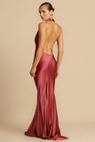 Halter Cowl Neck Backless Gown Party Maxi Dresses-Burgundy