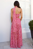 Ditsy Floral Print Cutout Neck Wrap High Slit Flowy Maxi Dresses-Pink