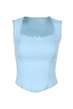 Square Neck Ribbon Quilted Curved Hem Casual Plain Sleeveless Top-Blue