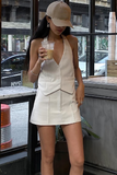 Solid Color Button Up Halter Top Mini Skirt Matching Set-Beige