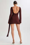 Knit Solid Color Long Sleeve Open Back Ruched Streamer Mini Dresses-Ivory