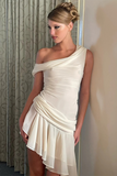 Sloping Shoulder Sleeveless Slim Fit Ruffled Asymmetric Mini Dresses-White