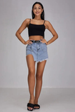 Denim High Waist Raw Edge Irregular Skort-Blue