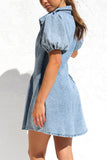 Turndown Collar Puff Sleeve Cinch Waist Button Up Denim Mini Dresses-Blue