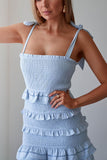 Square Neck Ribbon Sleeveless Ruched Ruffle Mini Dresses-Blue