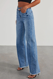 Denim Wide Leg Raw Edge Hemline Pocket Jeans-Blue