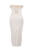 Beads Pearls Fringed Trim Strapless Corset Bodycon Midi Dresses-White