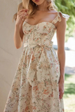 Floral Print Ruffled Straps Tie Up Bow Slit Midi Dresses-Beige