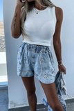 Drawstring Elastic Waist Heart-Shaped Rhinestone Pocket Denim Casual Shorts-Blue