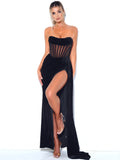 Corset Velvet Slit Gown Maxi Dresses