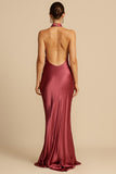 Halter Cowl Neck Backless Gown Party Maxi Dresses-Burgundy