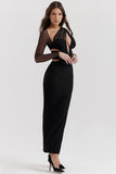 Irregular Cutout Long Sleeve Slim Fit Mesh Maxi Dresses-Black