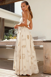 Floral Print Boat Neck Spaghetti Strap A-Line Backless Vacation Maxi Dresses-Pink