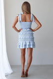 Square Neck Ribbon Sleeveless Ruched Ruffle Mini Dresses-Blue