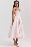 Elegant Cinch Waist Party Bridesmaid Tulle Layered Midi Slip Dresses-Pink