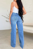 Denim Frayed Ripped Straight Leg Jeans-Blue