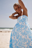 Floral Print Boat Neck Loose Fit Vacation Maxi Tube Dresses-Blue