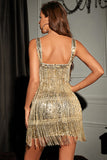 Sequin Square Back Tiered Metallic Fringed Cocktail Party Mini Dresses