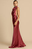 Halter Cowl Neck Backless Gown Party Maxi Dresses-Burgundy