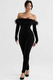 Off Shoulder Feather Trim Long Sleeve Velvet Jumpsuit